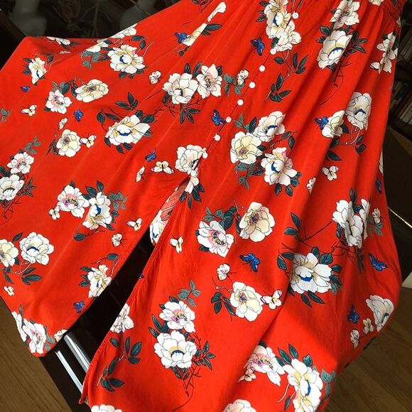 Retro Tomato Red & White Floral Flowy Short Sleeve Button Down A Line Maxi Dress - Picture 10 of 12